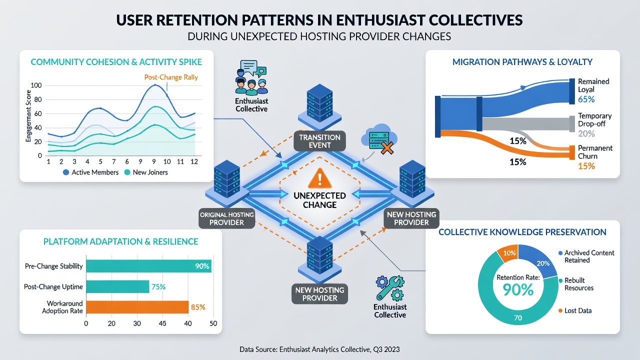 Graph illustrating retention curves across different enthusiast community sizes following hosting provider transitions